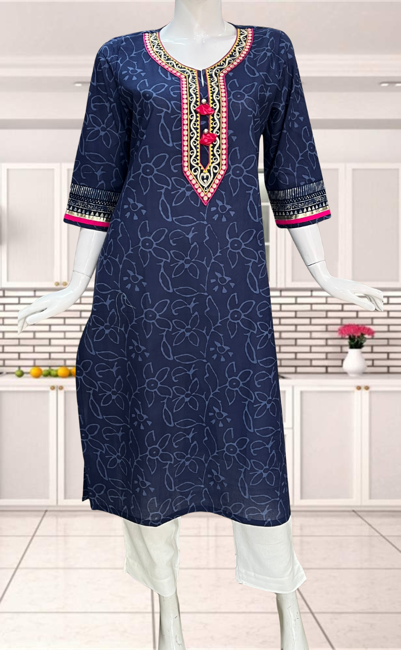 Navy Blue Floral Jaipuri Cotton Kurti. Pure Versatile Cotton. | Laces and Frills