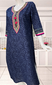 Navy Blue Floral Jaipuri Cotton Kurti. Pure Versatile Cotton. | Laces and Frills
