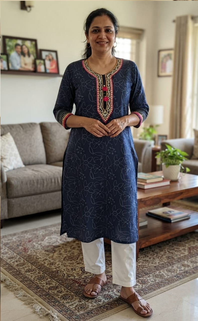 Navy Blue Floral Jaipuri Cotton Kurti. Pure Versatile Cotton. | Laces and Frills