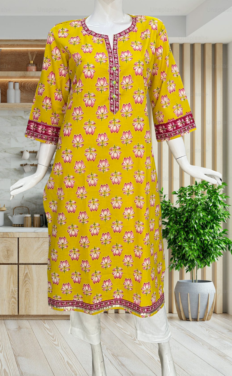 Yellow Floral Jaipuri Cotton Kurti. Pure Versatile Cotton. | Laces and Frills