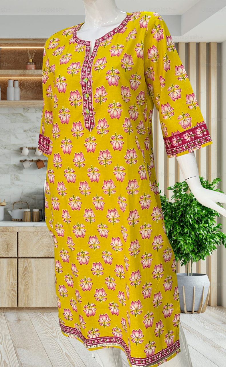 Yellow Floral Jaipuri Cotton Kurti. Pure Versatile Cotton. | Laces and Frills
