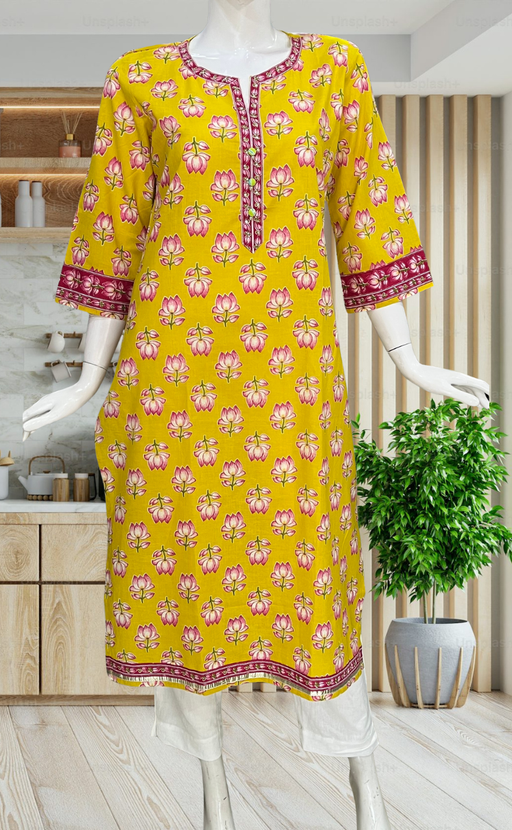 Yellow Floral Jaipuri Cotton Kurti. Pure Versatile Cotton. | Laces and Frills