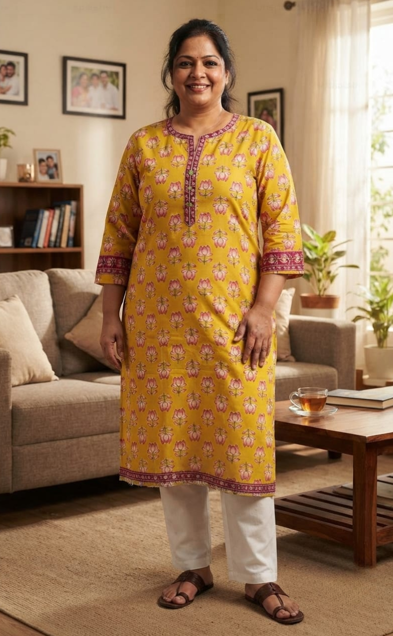 Yellow Floral Jaipuri Cotton Kurti. Pure Versatile Cotton. | Laces and Frills