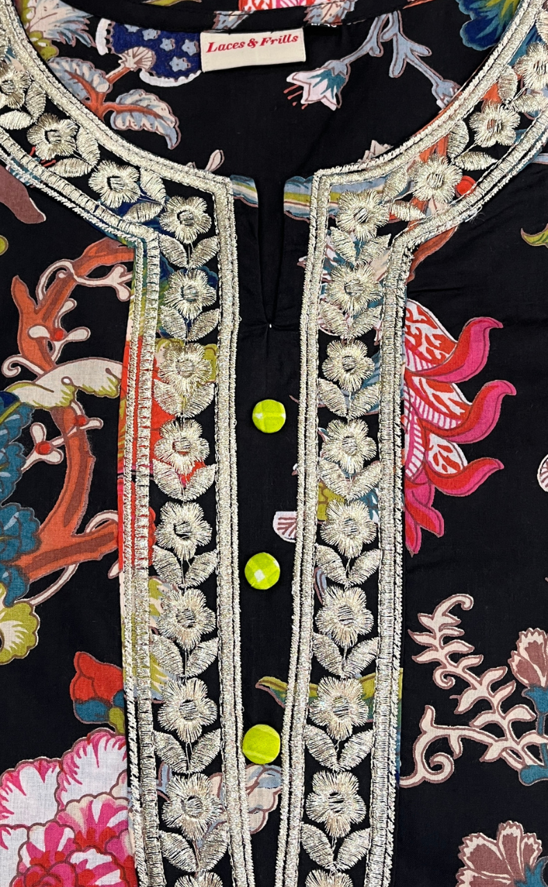 Black Garden Jaipuri Cotton Kurti. Pure Versatile Cotton. | Laces and Frills