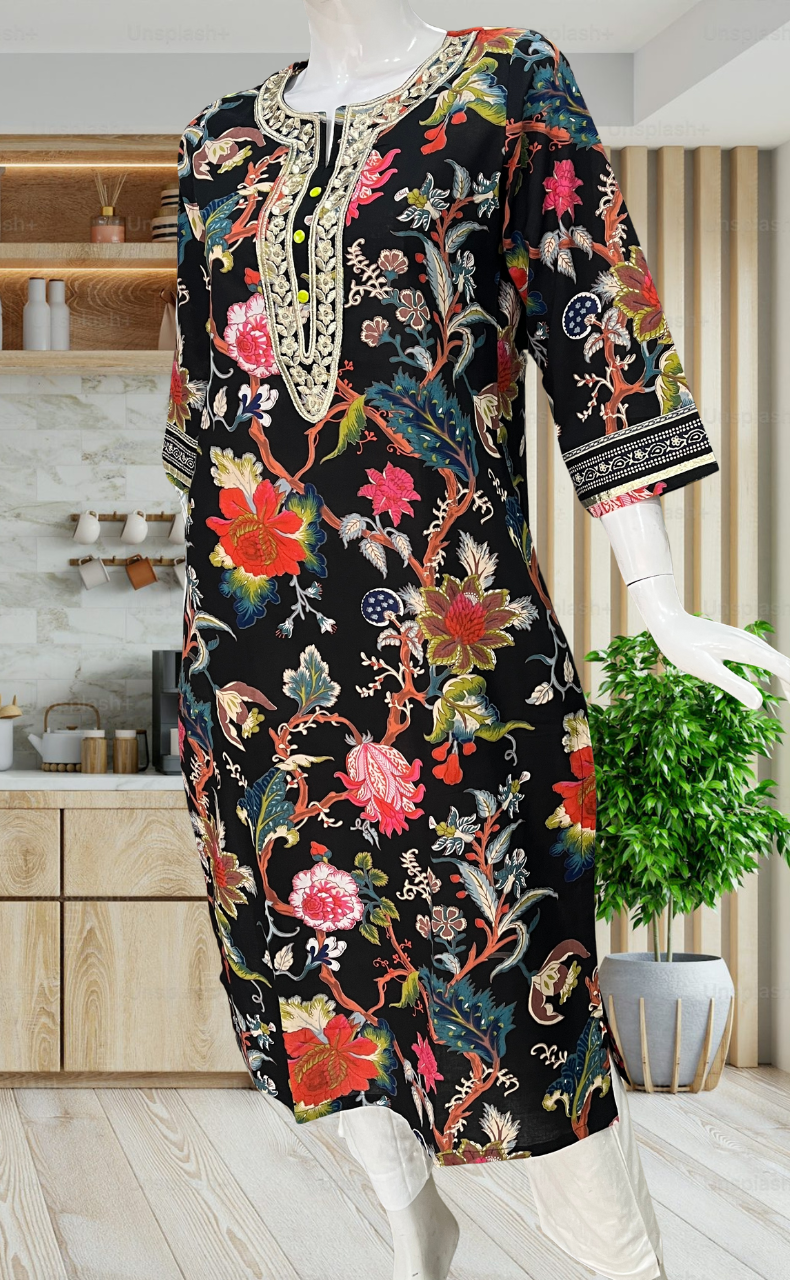 Black Garden Jaipuri Cotton Kurti. Pure Versatile Cotton. | Laces and Frills - Laces and Frills