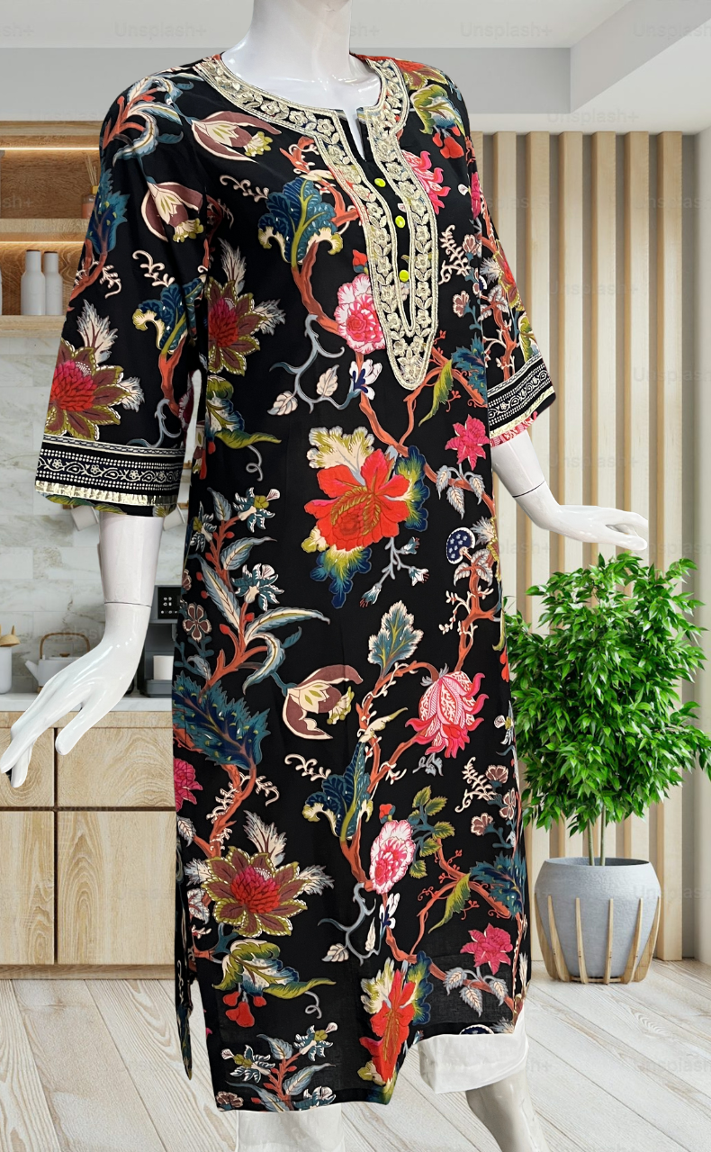 Black Garden Jaipuri Cotton Kurti. Pure Versatile Cotton. | Laces and Frills