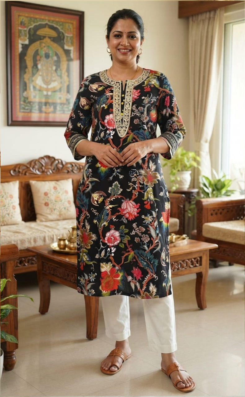 Black Garden Jaipuri Cotton Kurti. Pure Versatile Cotton. | Laces and Frills