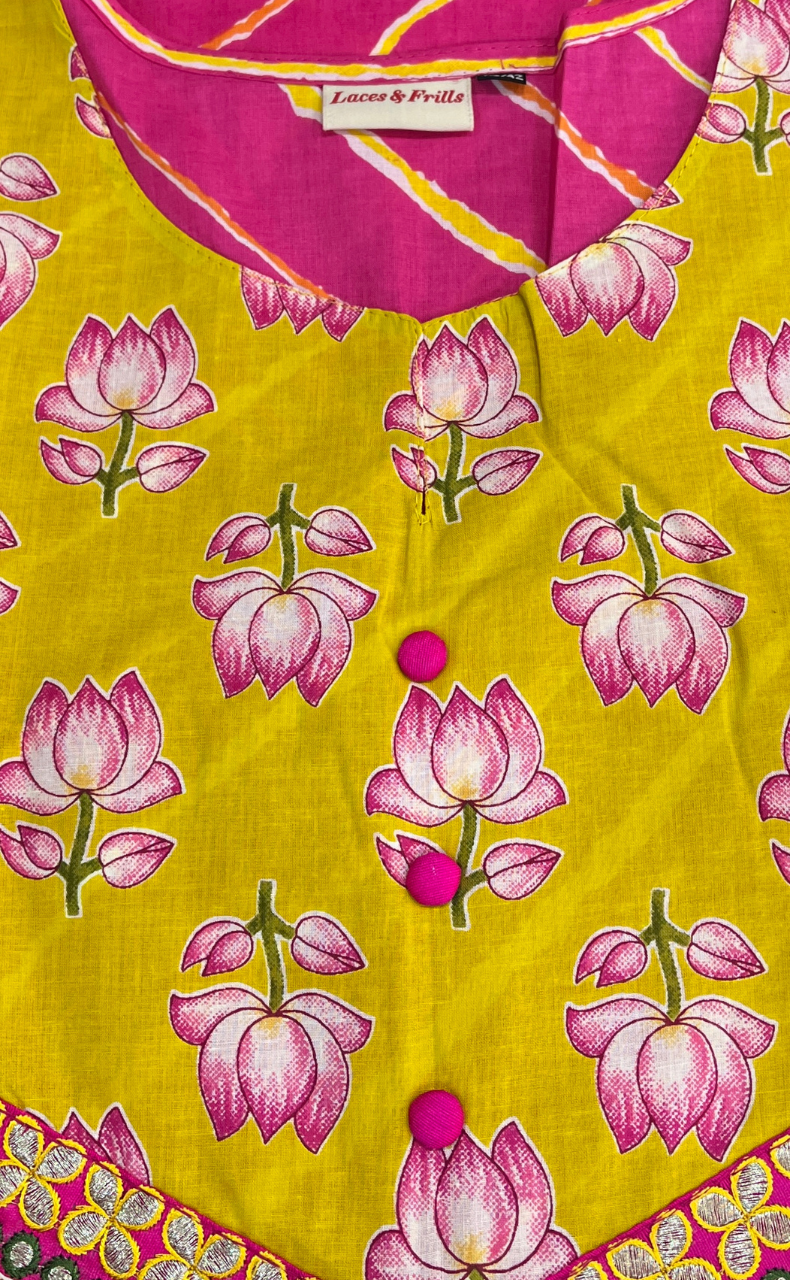 Yellow/Pink Stripes Jaipuri Cotton Kurti. Pure Versatile Cotton. | Laces and Frills