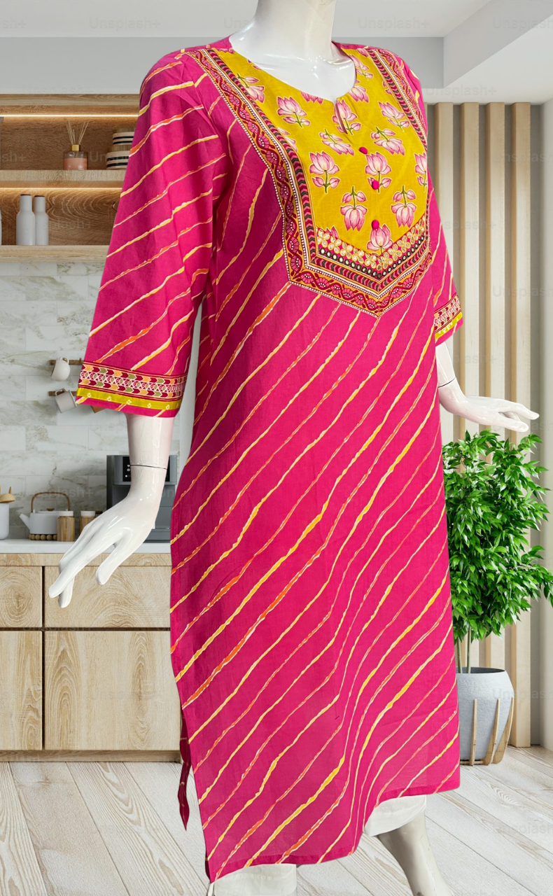 Yellow/Pink Stripes Jaipuri Cotton Kurti. Pure Versatile Cotton. | Laces and Frills