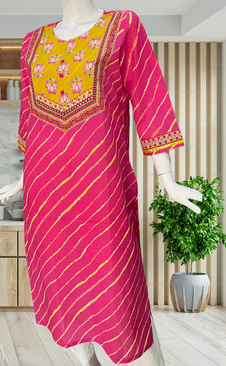 Yellow/Pink Stripes Jaipuri Cotton Kurti. Pure Versatile Cotton. | Laces and Frills