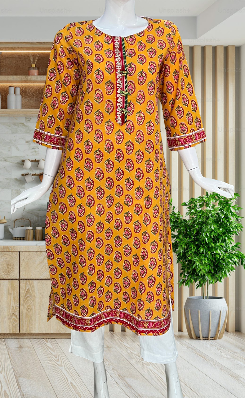 Yellow Leafy Jaipuri Cotton Kurti. Pure Versatile Cotton. | Laces and Frills