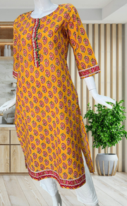 Yellow Leafy Jaipuri Cotton Kurti. Pure Versatile Cotton. | Laces and Frills
