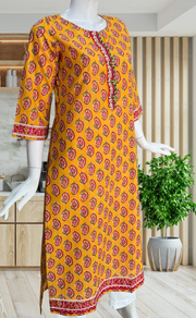 Yellow Leafy Jaipuri Cotton Kurti. Pure Versatile Cotton. | Laces and Frills