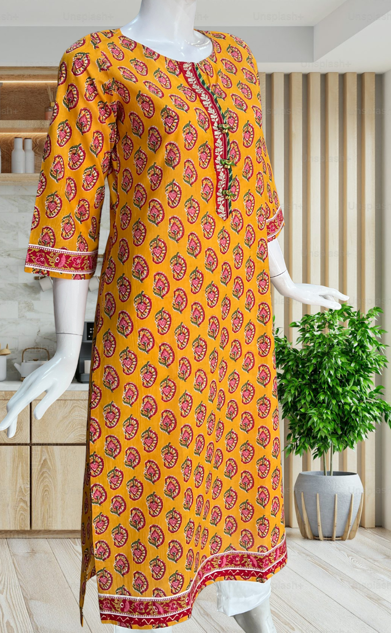 Yellow Leafy Jaipuri Cotton Kurti. Pure Versatile Cotton. | Laces and Frills