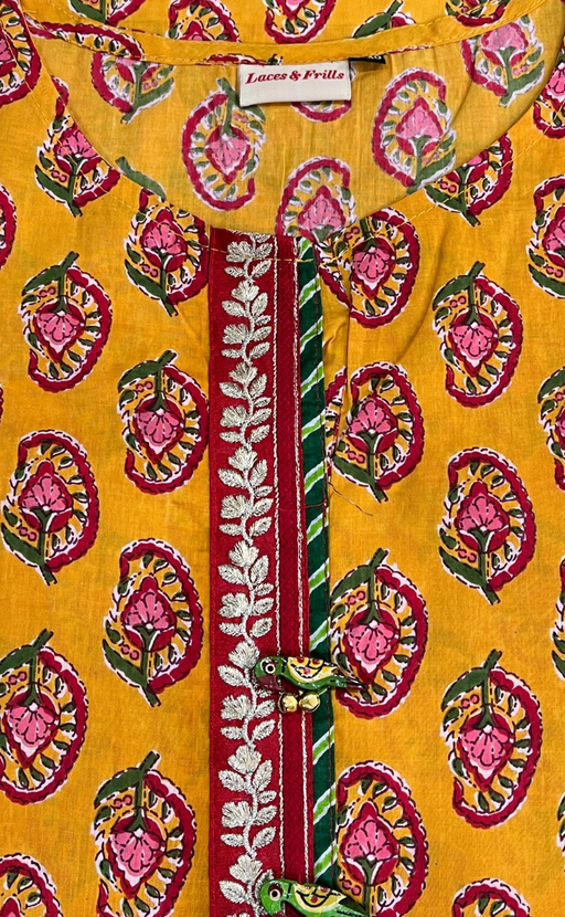 Yellow Leafy Jaipuri Cotton Kurti. Pure Versatile Cotton. | Laces and Frills