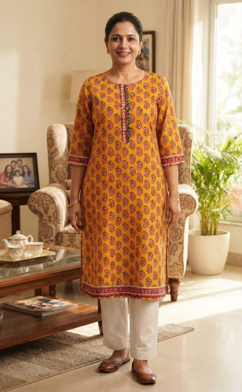 Yellow Leafy Jaipuri Cotton Kurti. Pure Versatile Cotton. | Laces and Frills