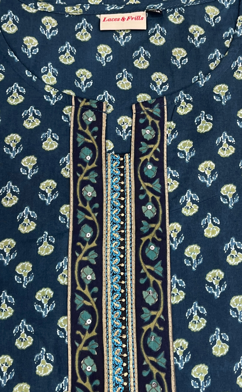 Teal Blue Tiny Flora Jaipuri Cotton Kurti. Pure Versatile Cotton. | Laces and Frills