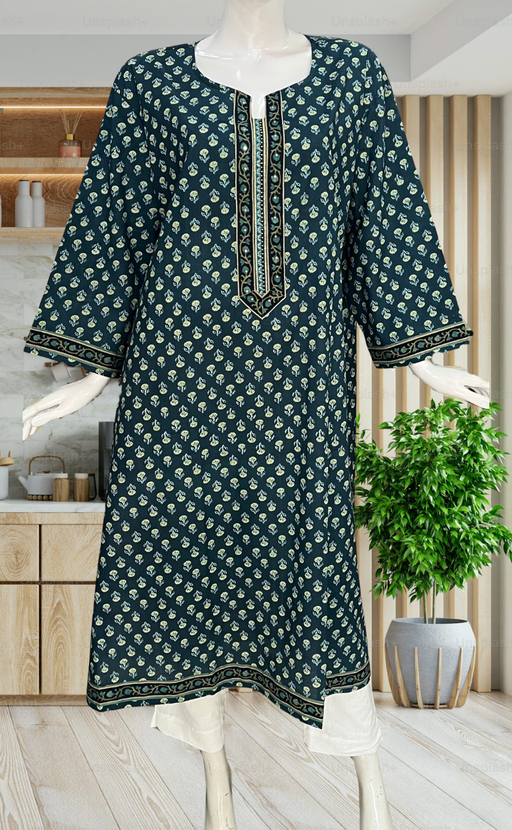Teal Blue Tiny Flora Jaipuri Cotton Kurti. Pure Versatile Cotton. | Laces and Frills