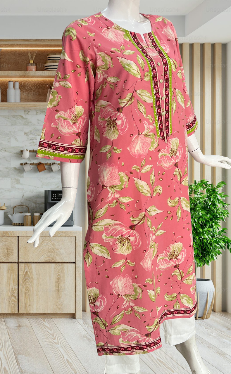 Pink Floral Jaipuri Cotton Kurti. Pure Versatile Cotton. | Laces and Frills
