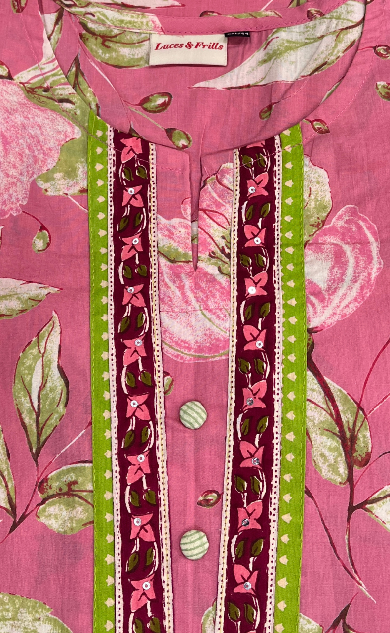 Pink Floral Jaipuri Cotton Kurti. Pure Versatile Cotton. | Laces and Frills