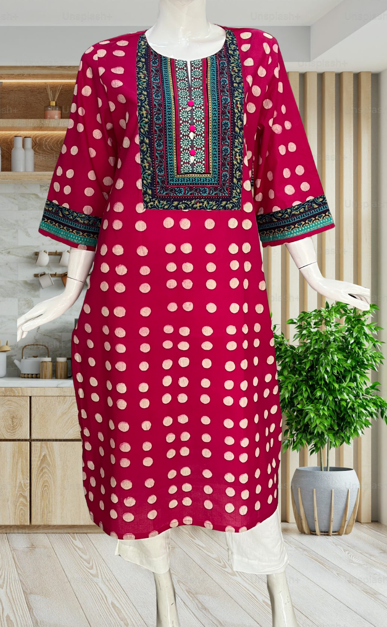 Rani Pink Dots Jaipuri Cotton Kurti. Pure Versatile Cotton. | Laces and Frills