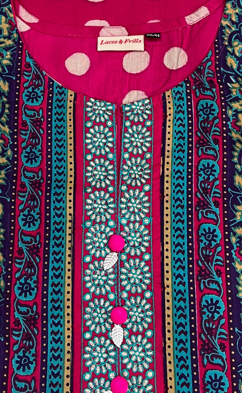 Rani Pink Dots Jaipuri Cotton Kurti. Pure Versatile Cotton. | Laces and Frills