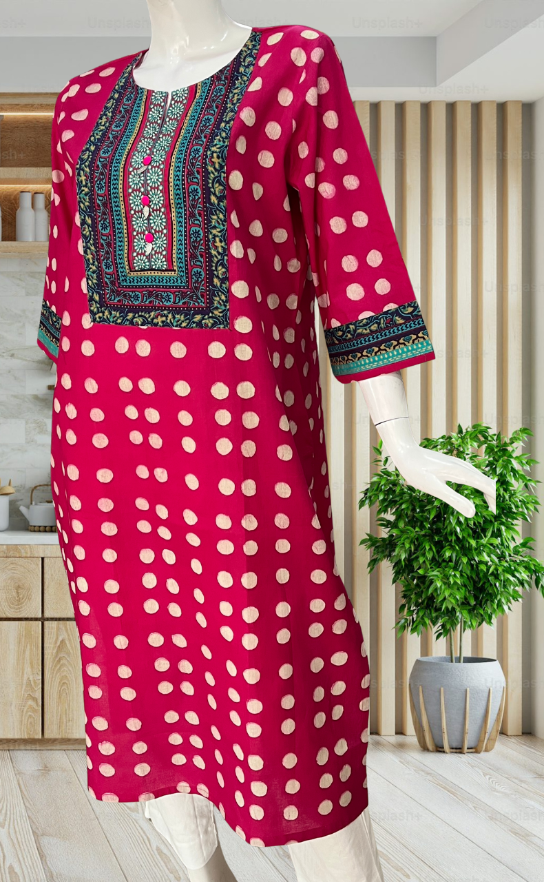 Rani Pink Dots Jaipuri Cotton Kurti. Pure Versatile Cotton. | Laces and Frills