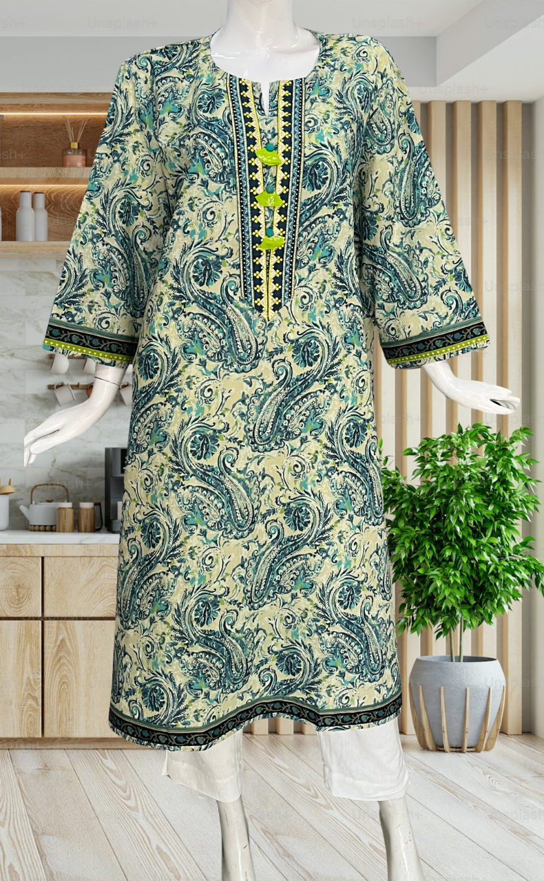 Beige/Blue Garden Jaipuri Cotton Kurti. Pure Versatile Cotton. | Laces and Frills