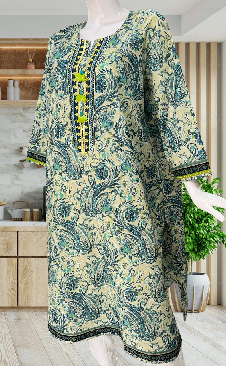 Beige/Blue Garden Jaipuri Cotton Kurti. Pure Versatile Cotton. | Laces and Frills