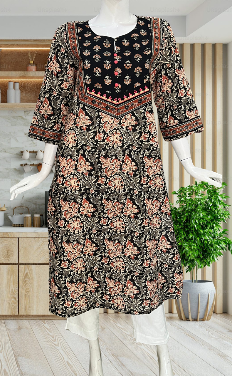 Black Garden Jaipuri Cotton Kurti. Pure Versatile Cotton. | Laces and Frills