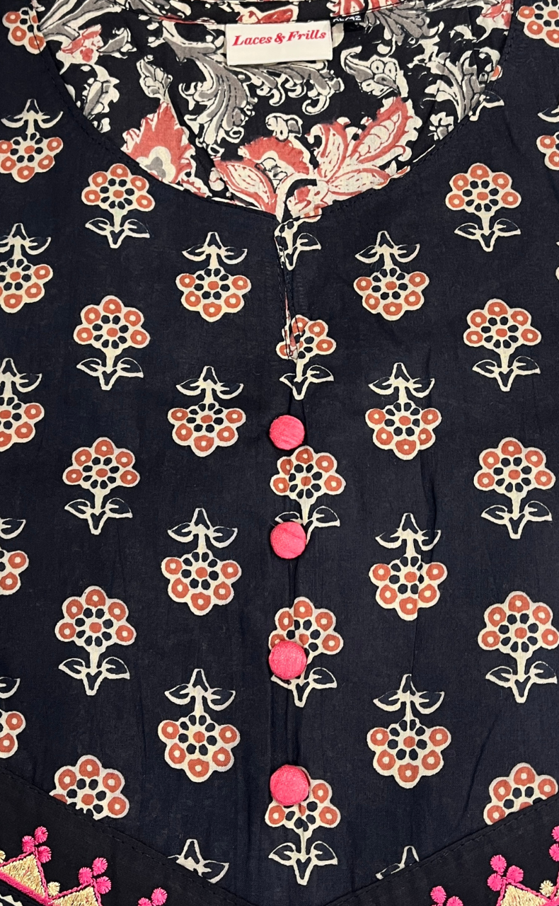 Black Garden Jaipuri Cotton Kurti. Pure Versatile Cotton. | Laces and Frills