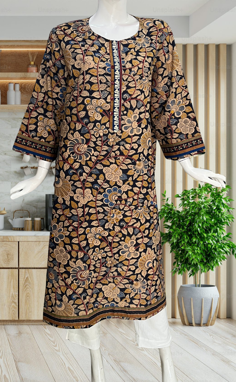 Navy Blue/Beige Kalamkari Jaipuri Cotton Kurti. Pure Versatile Cotton. | Laces and Frills