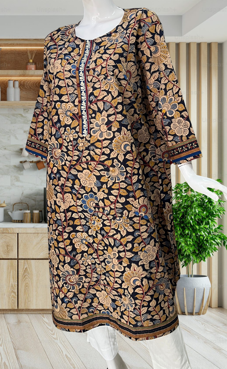 Navy Blue/Beige Kalamkari Jaipuri Cotton Kurti. Pure Versatile Cotton. | Laces and Frills