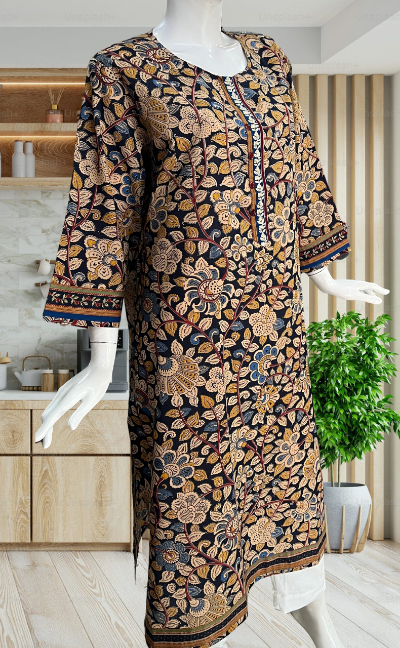 Navy Blue/Beige Kalamkari Jaipuri Cotton Kurti. Pure Versatile Cotton. | Laces and Frills