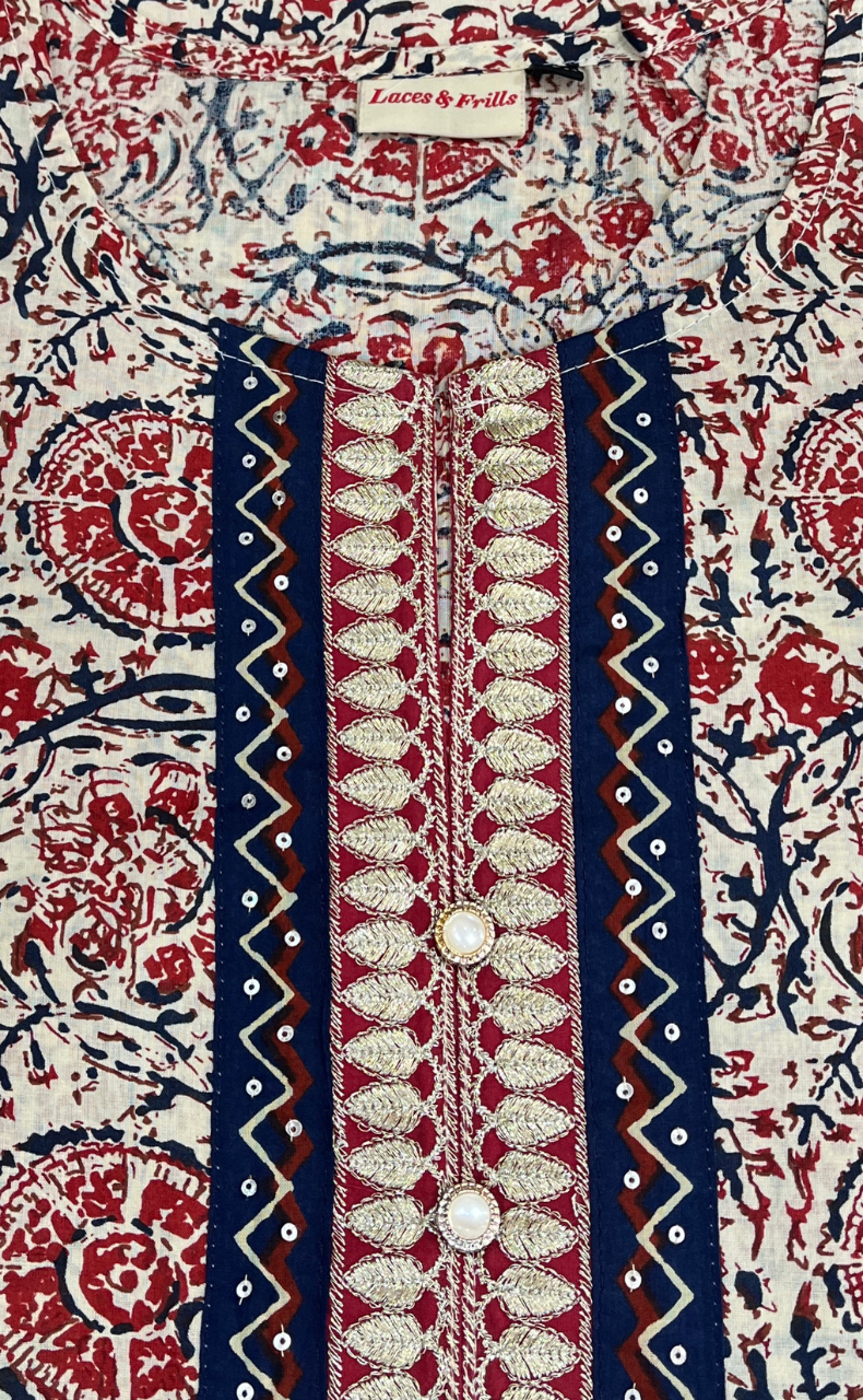 Off White/Maroon Garden Jaipuri Cotton Kurti. Pure Versatile Cotton. | Laces and Frills - Laces and Frills