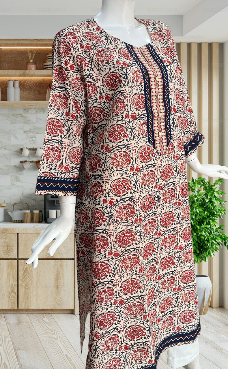 Off White/Maroon Garden Jaipuri Cotton Kurti. Pure Versatile Cotton. | Laces and Frills - Laces and Frills