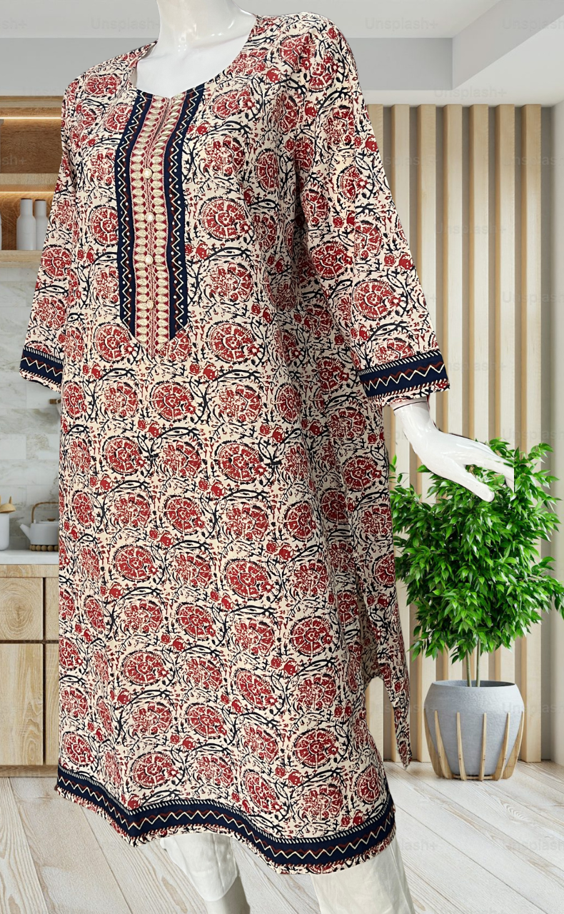 Off White/Maroon Garden Jaipuri Cotton Kurti. Pure Versatile Cotton. | Laces and Frills - Laces and Frills