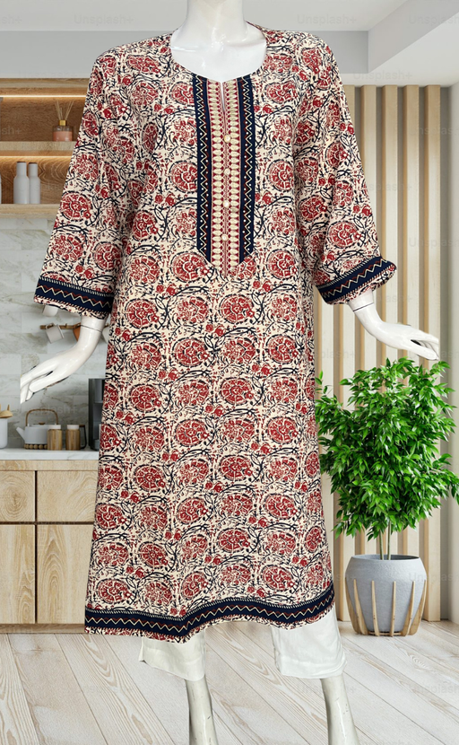 Off White/Maroon Garden Jaipuri Cotton Kurti. Pure Versatile Cotton. | Laces and Frills - Laces and Frills