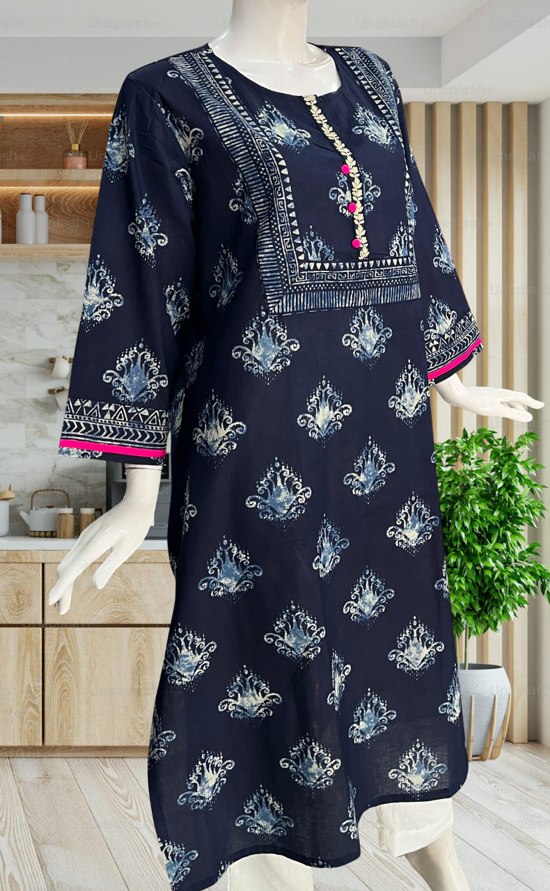 Blue Motif Jaipuri Cotton Kurti. Pure Versatile Cotton. | Laces and Frills - Laces and Frills