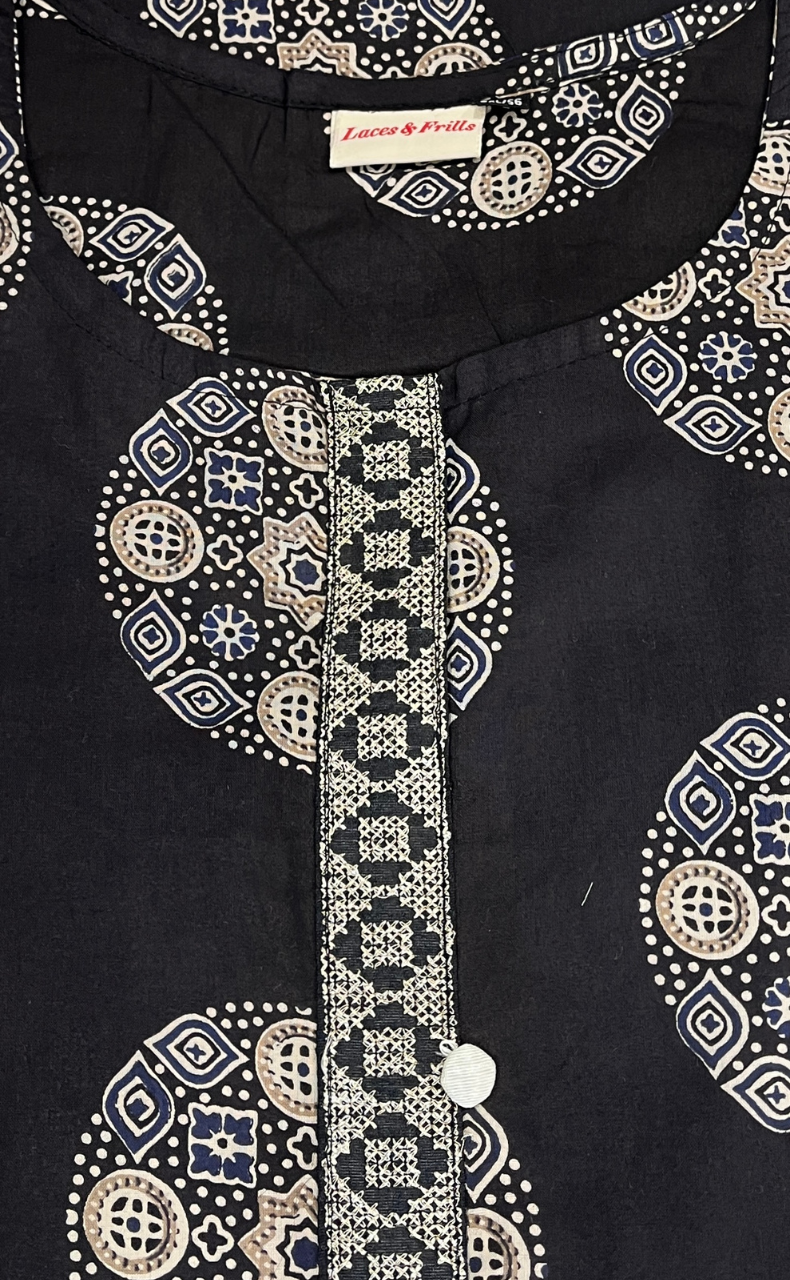 Black Ajrakh Print Jaipuri Cotton Kurti. Pure Versatile Cotton. | Laces and Frills - Laces and Frills