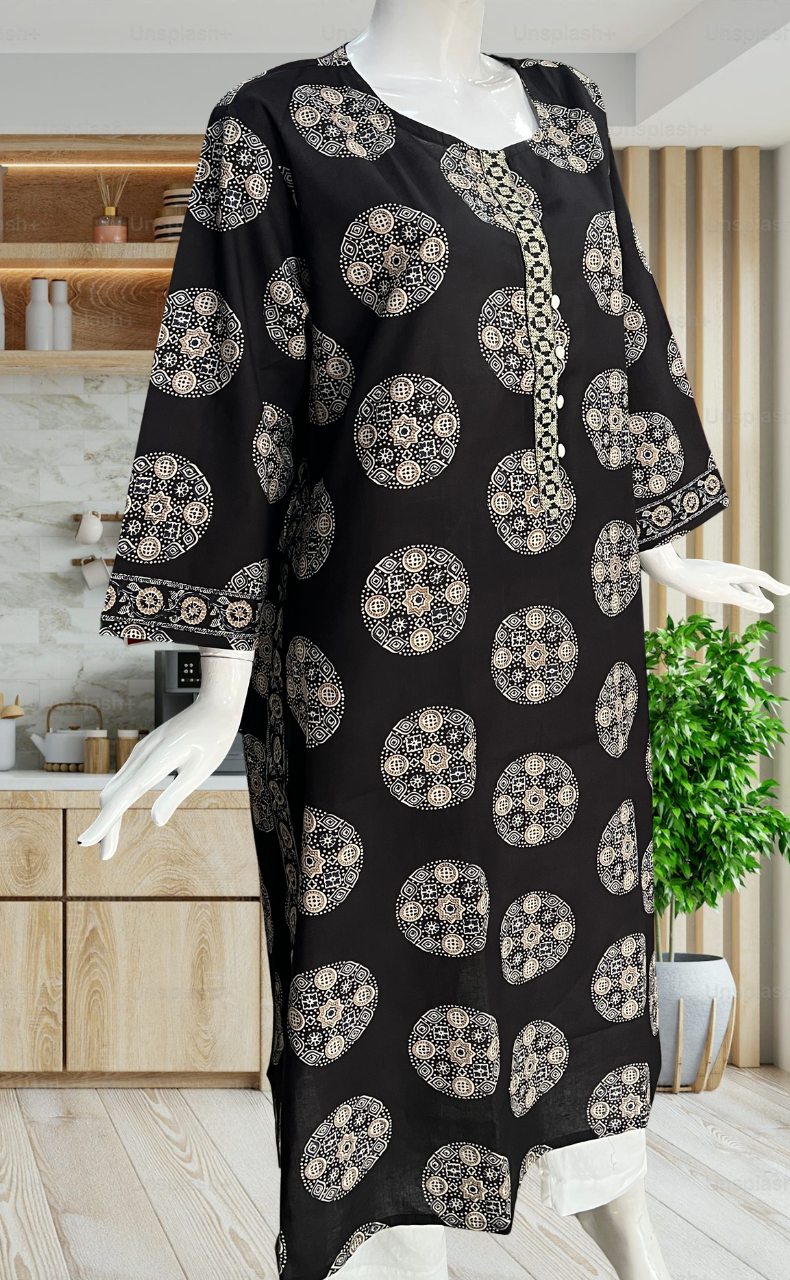 Black Ajrakh Print Jaipuri Cotton Kurti. Pure Versatile Cotton. | Laces and Frills - Laces and Frills