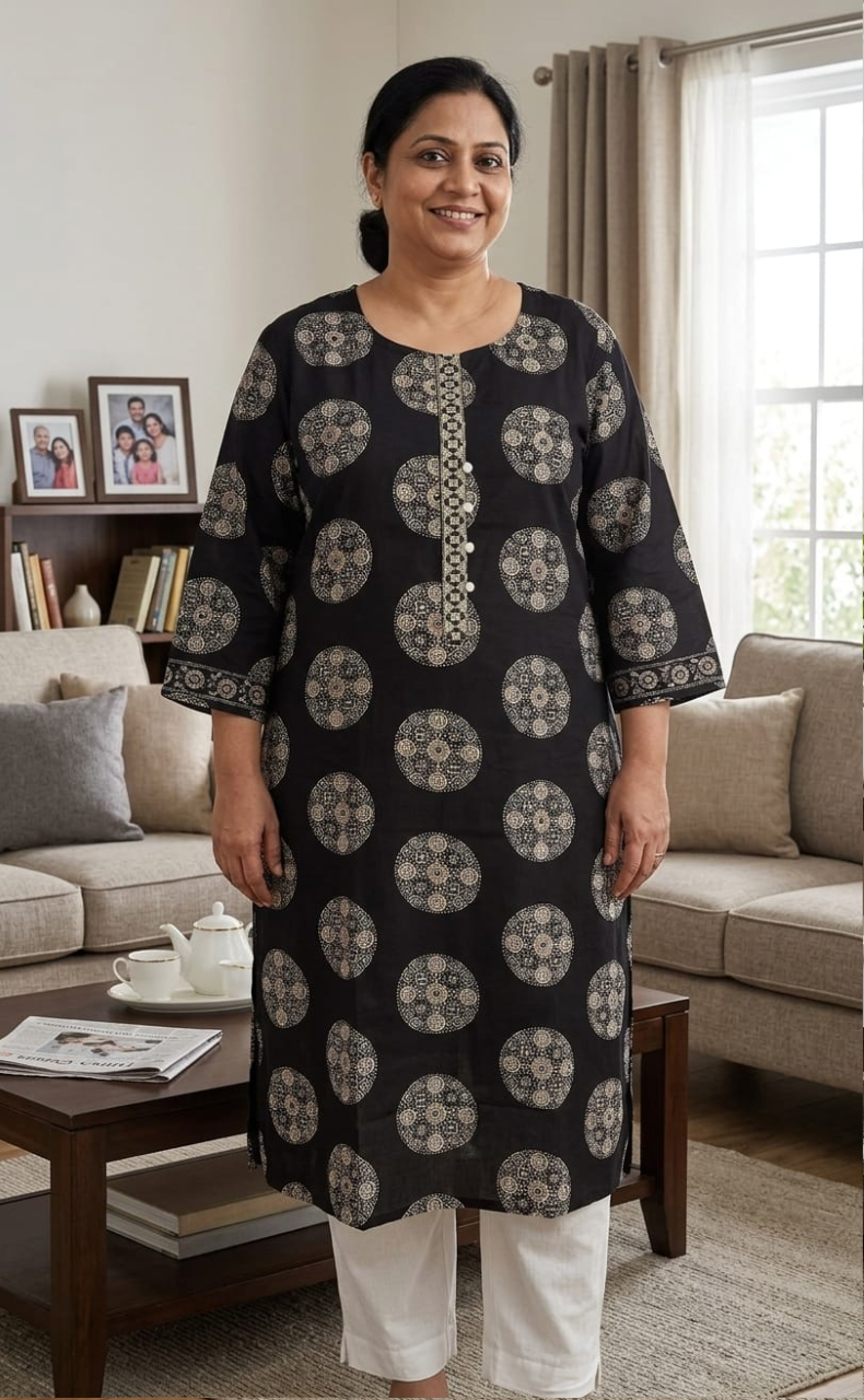 Black Ajrakh Print Jaipuri Cotton Kurti. Pure Versatile Cotton. | Laces and Frills