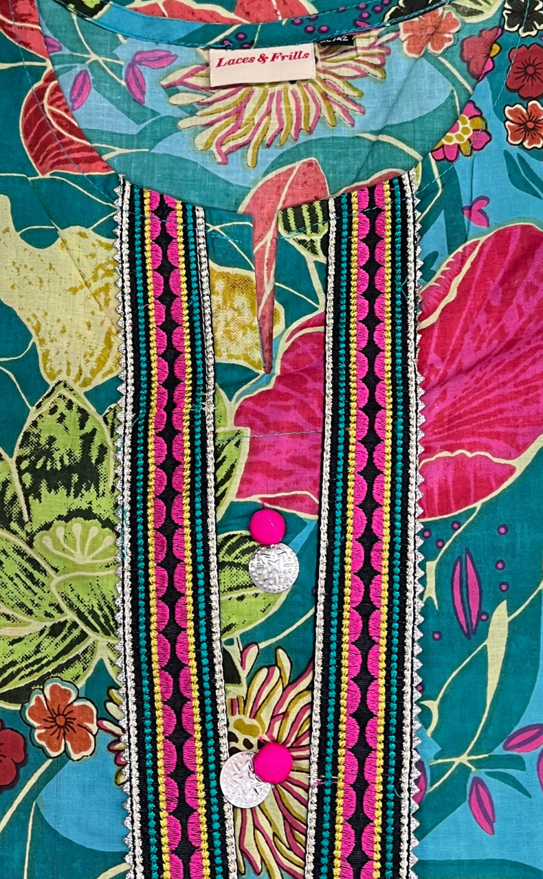 Sea Green Floral Jaipuri Cotton Kurti. Pure Versatile Cotton. | Laces and Frills - Laces and Frills