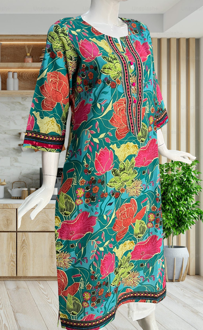 Sea Green Floral Jaipuri Cotton Kurti. Pure Versatile Cotton. | Laces and Frills - Laces and Frills