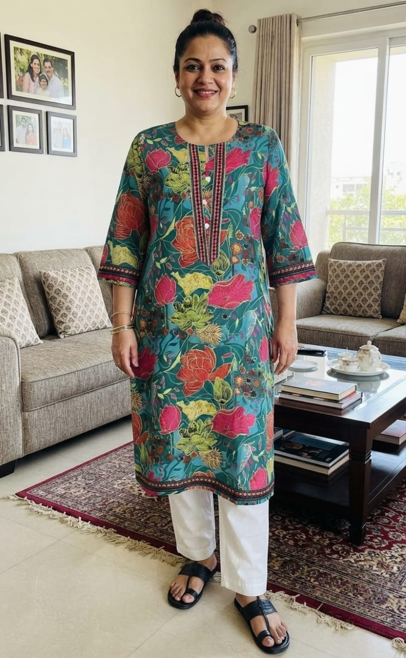 Sea Green Floral Jaipuri Cotton Kurti. Pure Versatile Cotton. | Laces and Frills