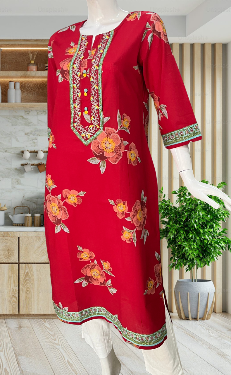 Maroon Floral Jaipuri Cotton Kurti. Pure Versatile Cotton. | Laces and Frills - Laces and Frills