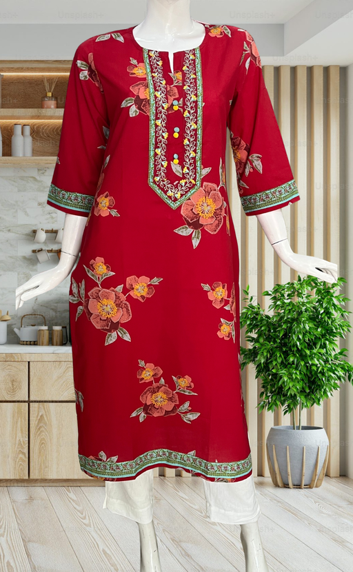 Maroon Floral Jaipuri Cotton Kurti. Pure Versatile Cotton. | Laces and Frills - Laces and Frills