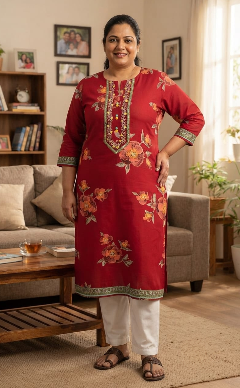 Maroon Floral Jaipuri Cotton Kurti. Pure Versatile Cotton. | Laces and Frills