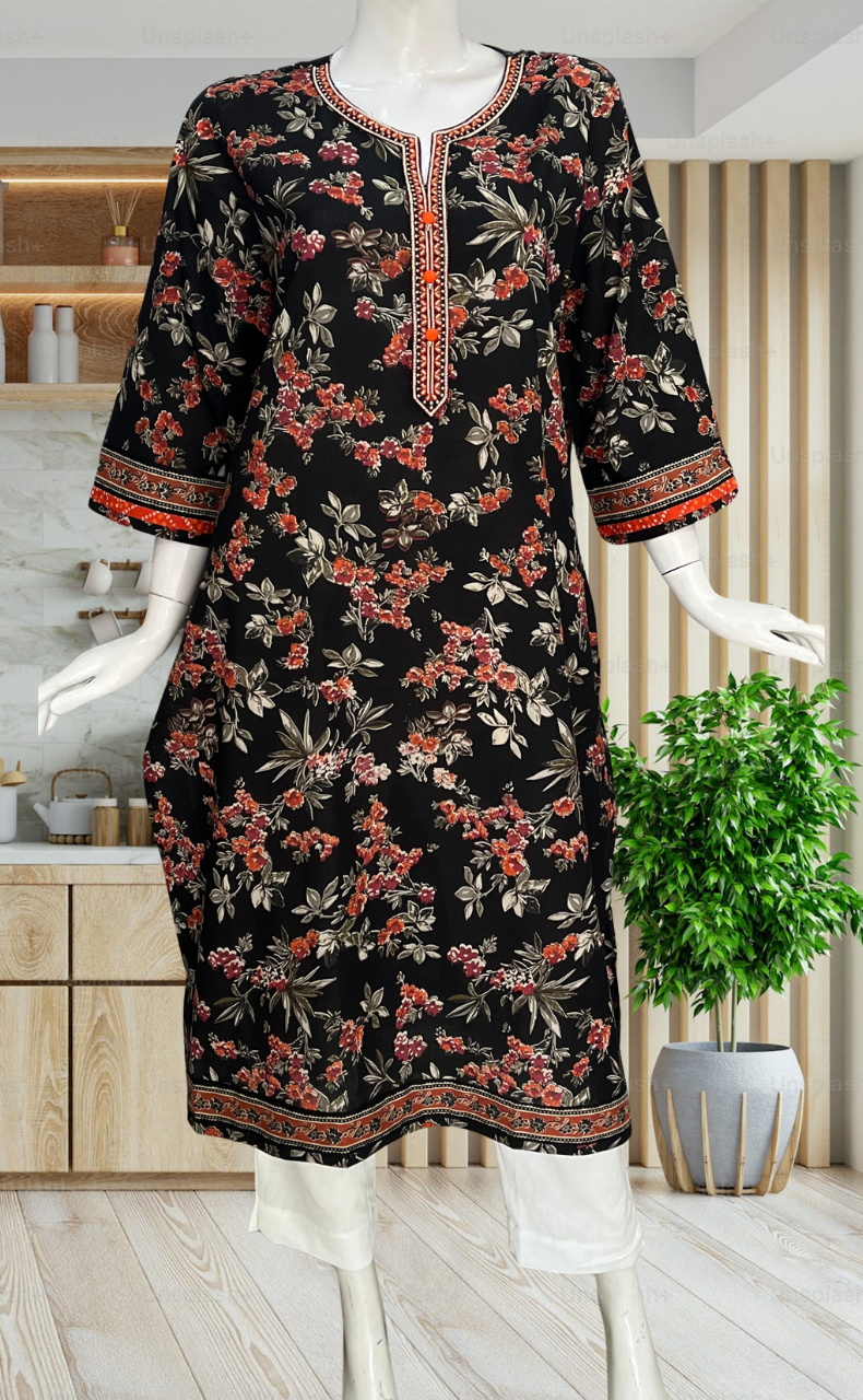 Black Garden Jaipuri Cotton Kurti. Pure Versatile Cotton. | Laces and Frills - Laces and Frills