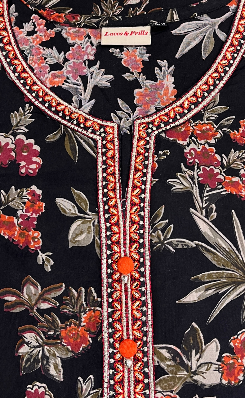 Black Garden Jaipuri Cotton Kurti. Pure Versatile Cotton. | Laces and Frills - Laces and Frills